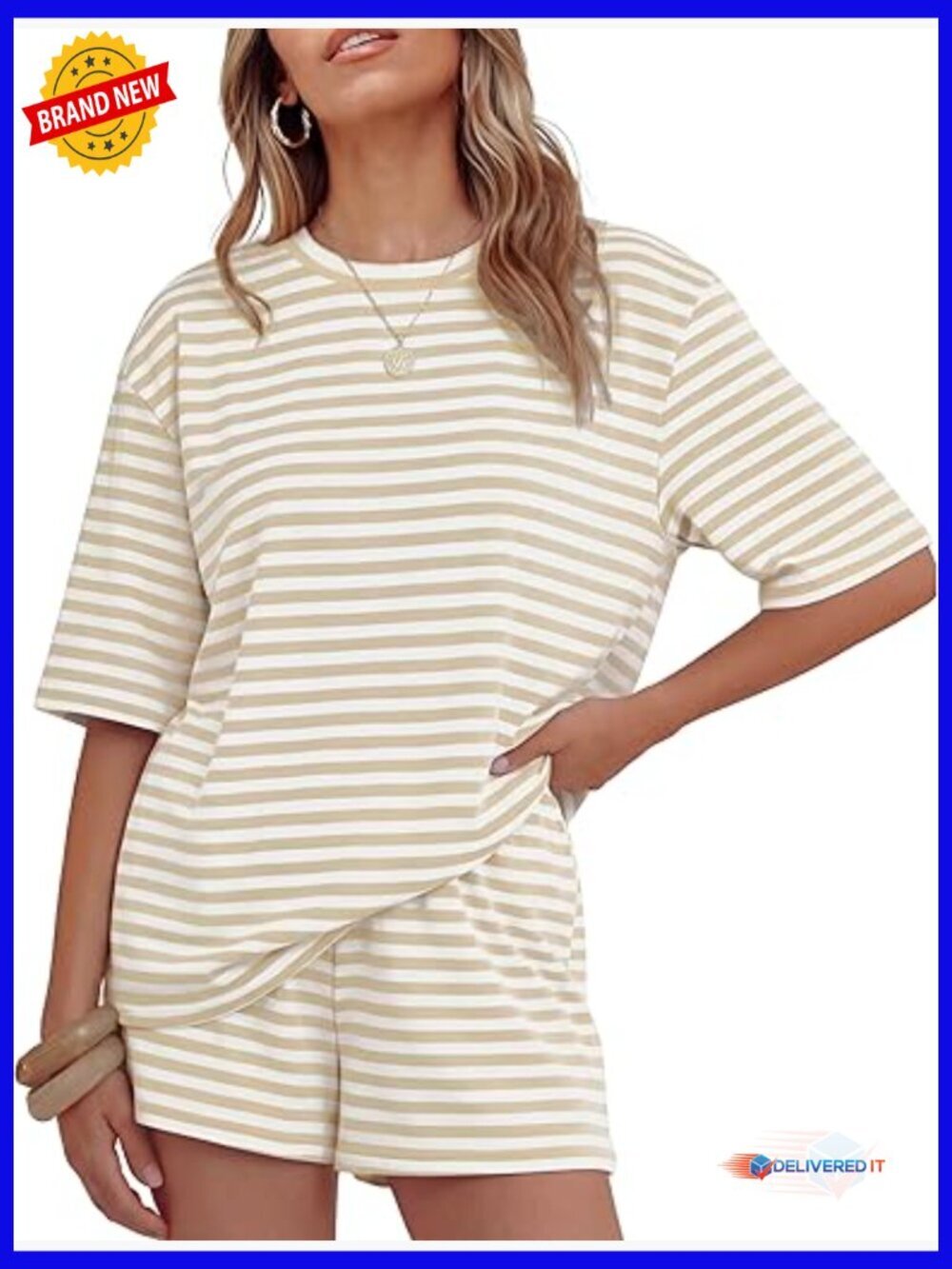 Striped 2 Piece Short Set - Loose Fit Lounge Travel Workout